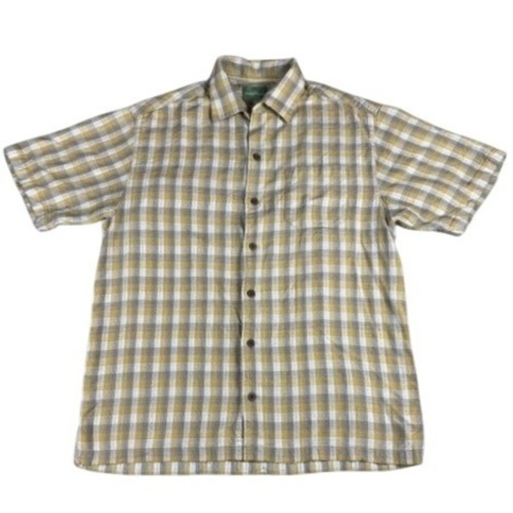 Tommy Bahama Shirt Men's Short Sleeve Plaid Button Down Casual Pocket Earth Tone